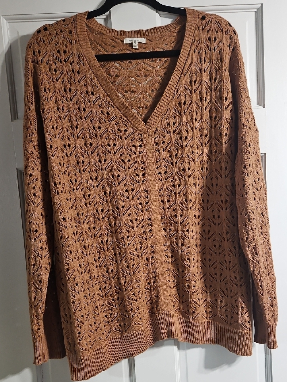 Maurices Open-Knit V-Neck Sweater in Camel
